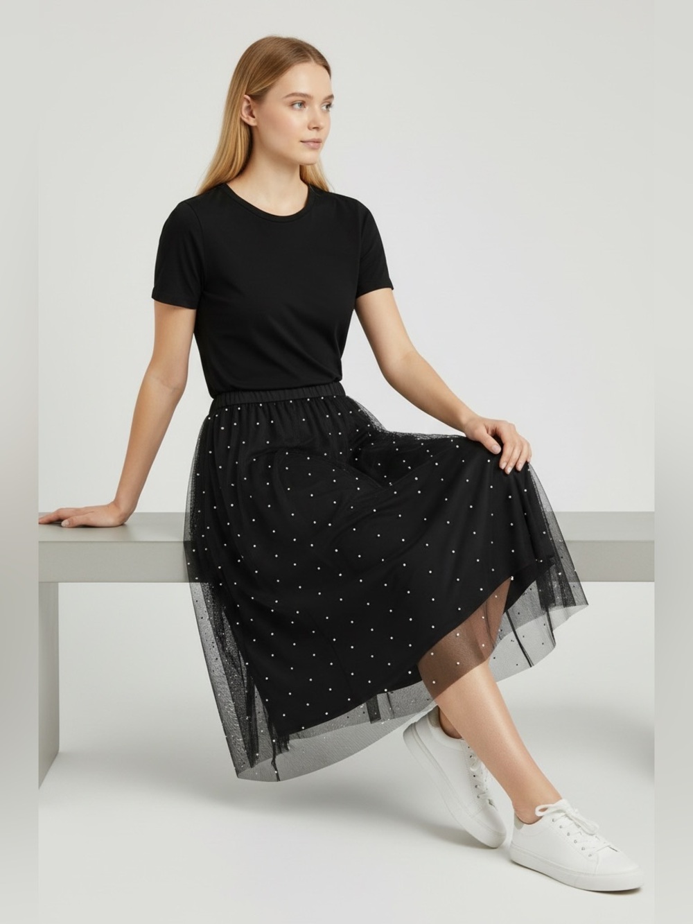 Maison Jules Black Pearl Embellished Mesh Overlay Skirt – Size Small